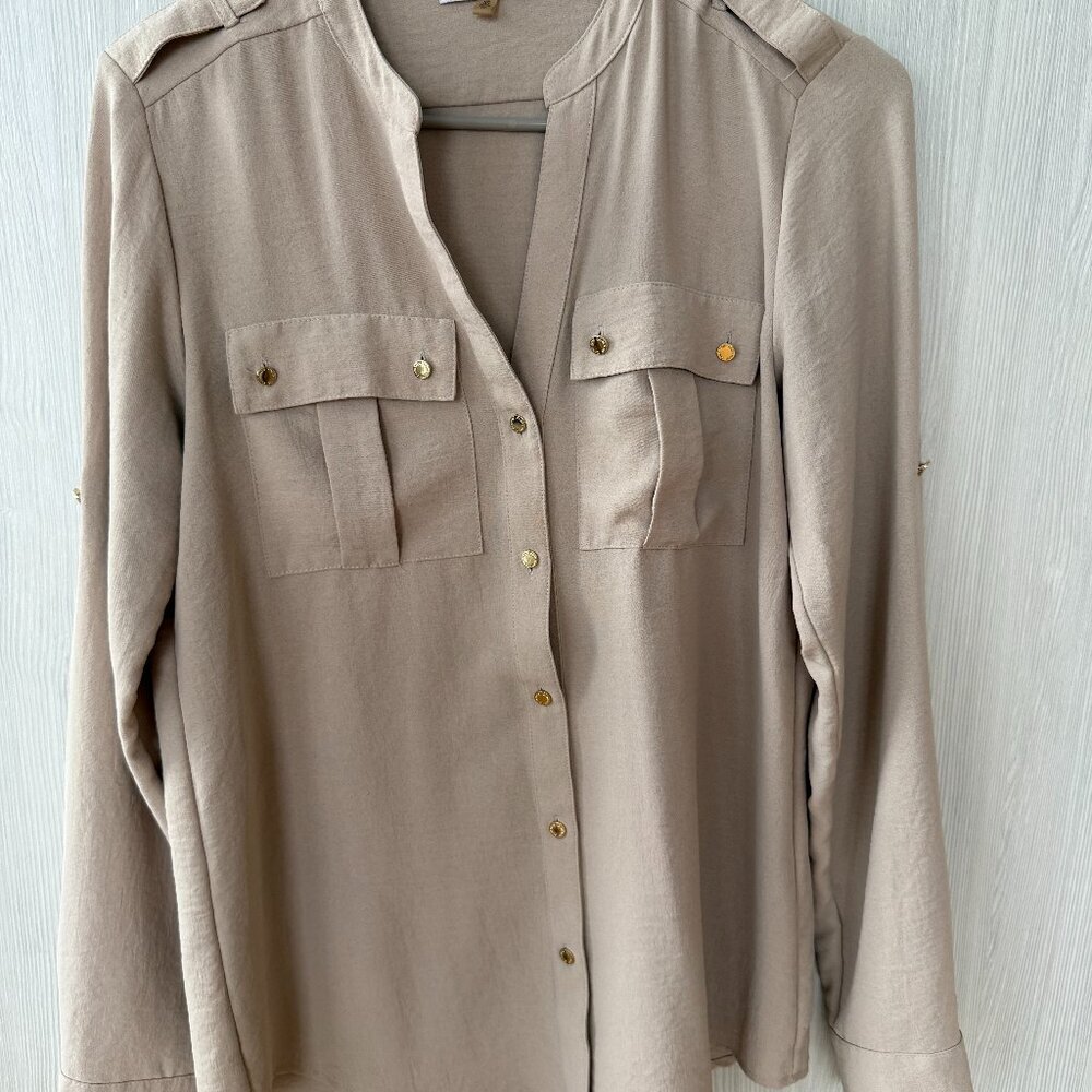 Calvin Klein Taupe Gold-Button Blouse – XS (sale ends 09/17)